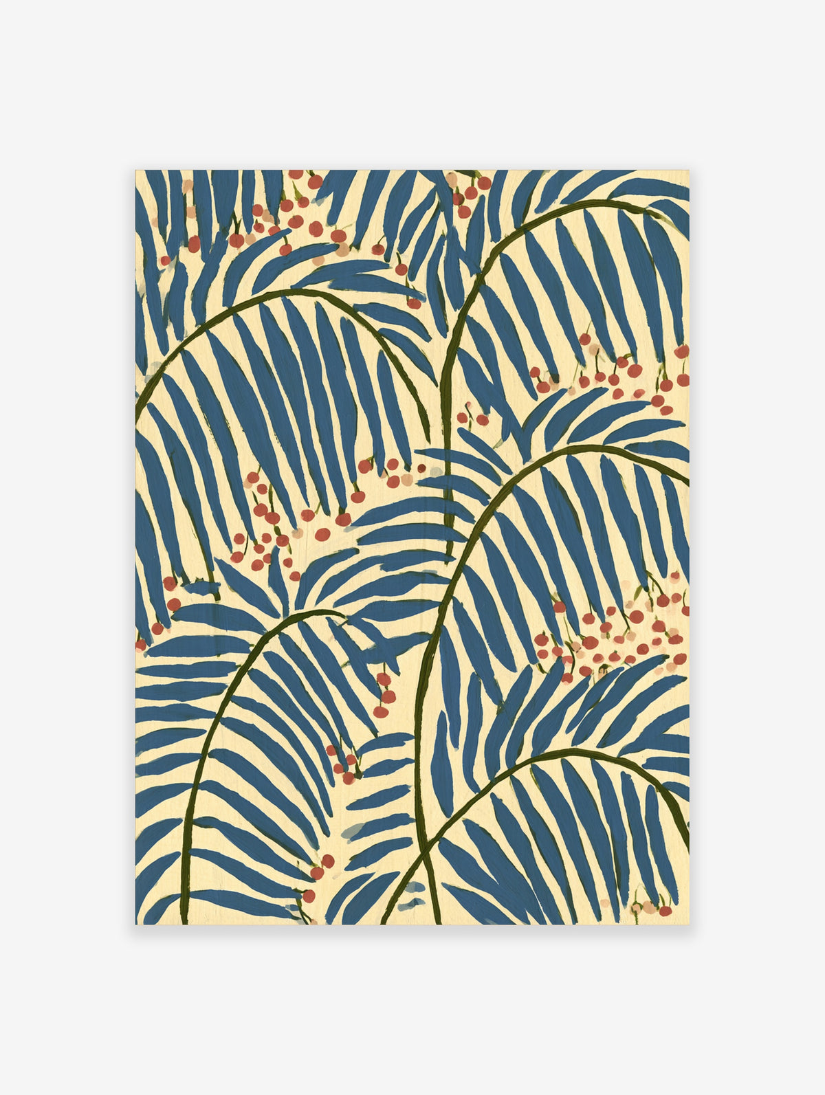 Blue palm leaf art print with red berries on cream background, botanical wall decor