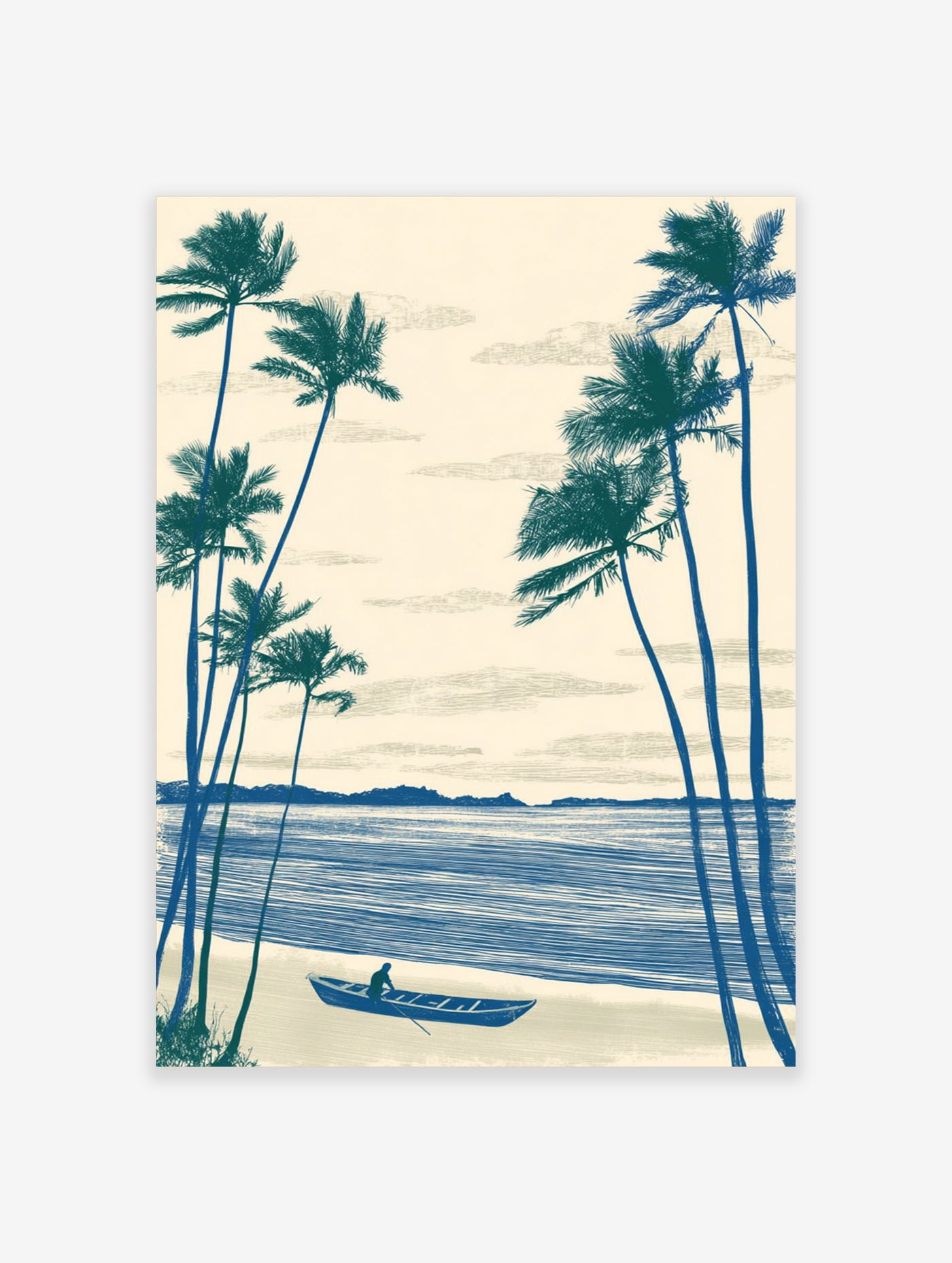 Blue palm tree beach poster with rowing boat and calm sea, tropical coastal art