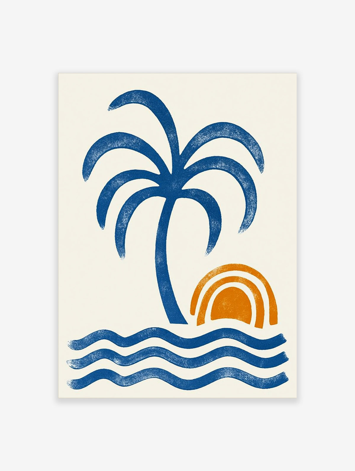 Blue palm tree with orange sun and wavy blue lines on cream background art print
