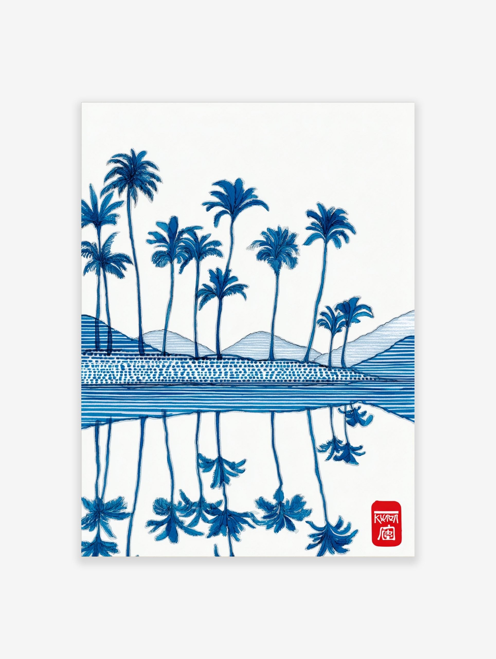 Illustrative blue palm trees and reflections on water, with patterned hills and a red seal