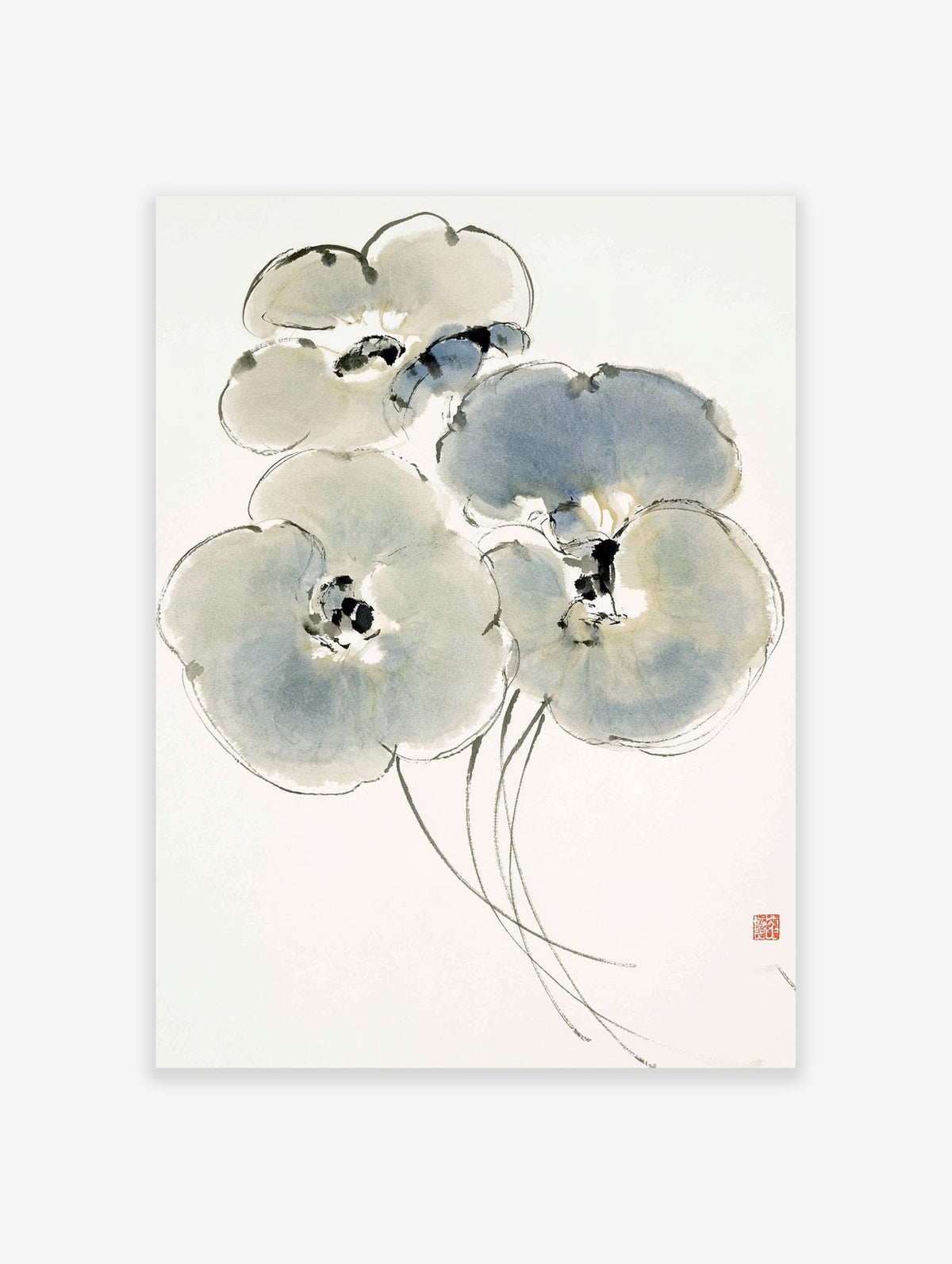 Blue pansy flower botanical illustration art print with delicate watercolour petals on a white background