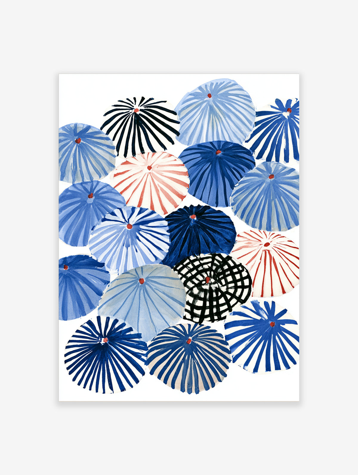 Blue and white paper parasol art print with radiating spokes and red centre dots on white background