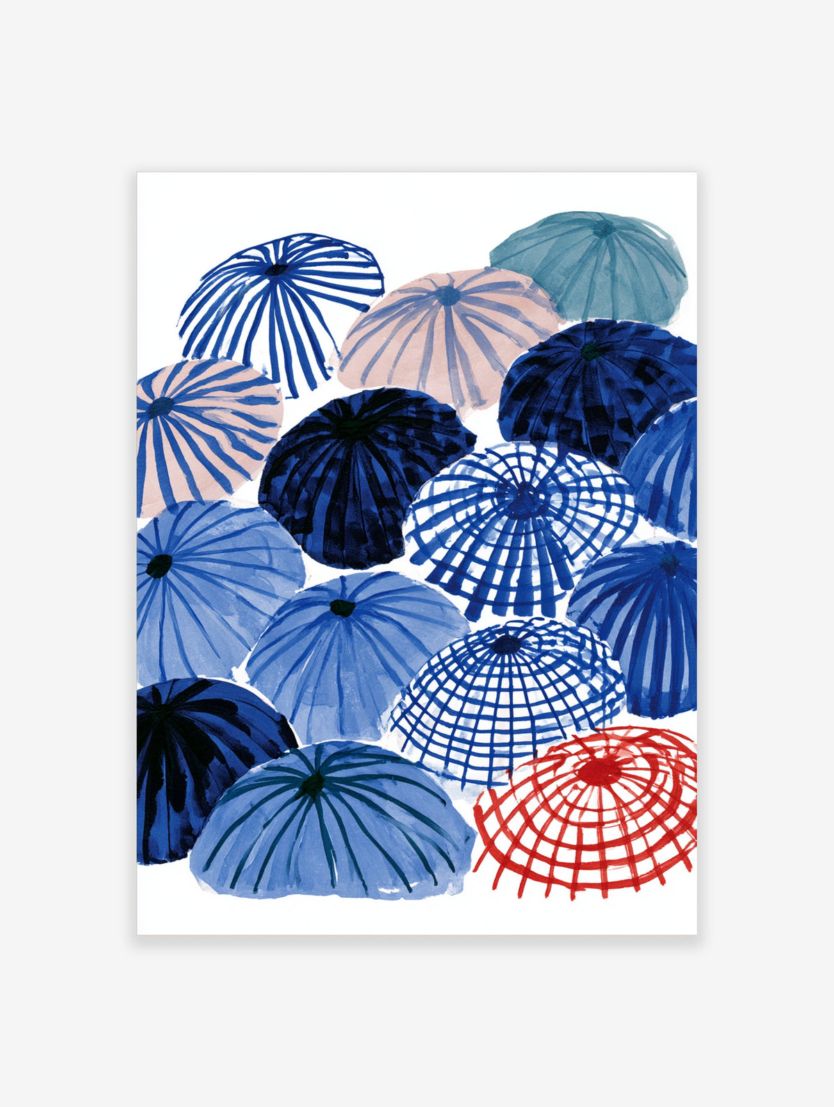 Watercolour paper parasol art print with blue, navy, pink and red Japanese umbrellas on white