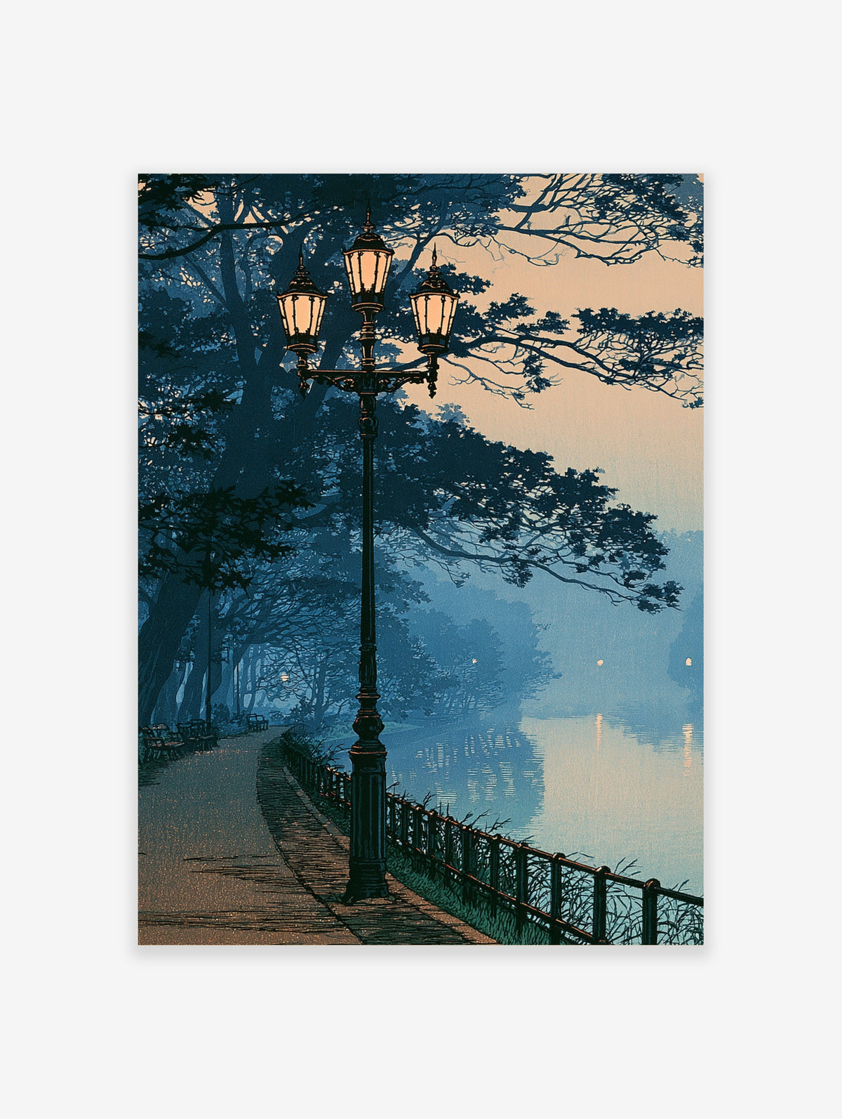 Blue park poster of a vintage lamppost beside a misty lake with silhouetted trees at twilight