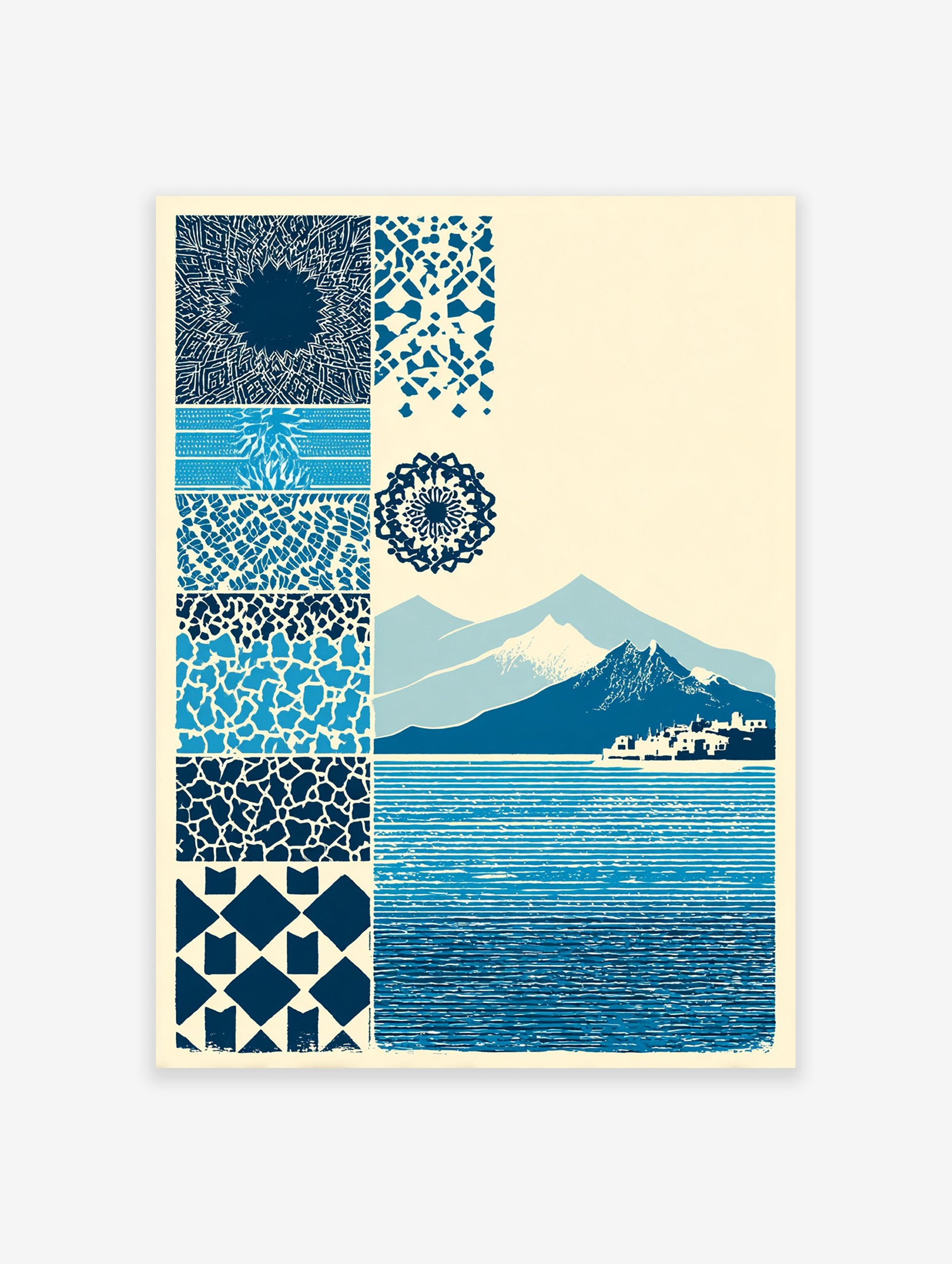 Blue pattern and landscape poster featuring various abstract designs, mandala, mountains, a town, and a textured sea.