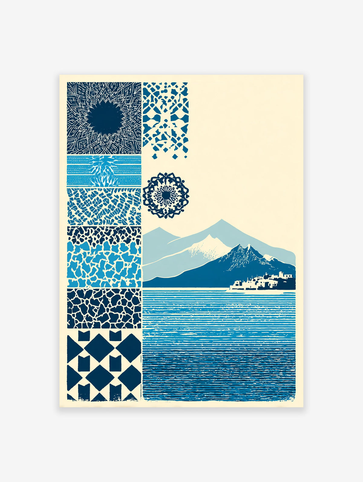Blue pattern and landscape poster featuring various abstract designs, mandala, mountains, a town, and a textured sea.