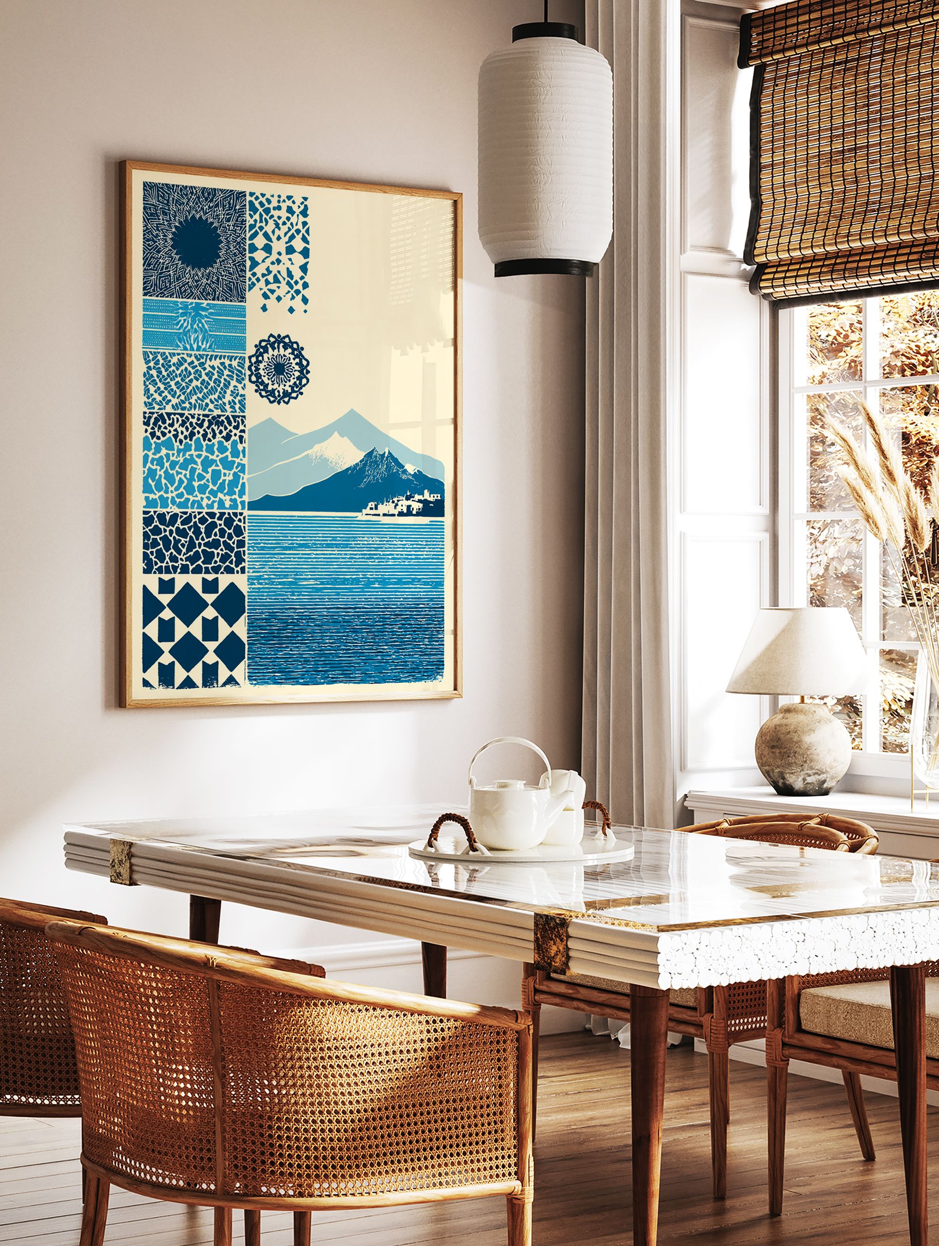 Blue pattern and landscape poster featuring various abstract designs, mandala, mountains, a town, and a textured sea. - Image 2