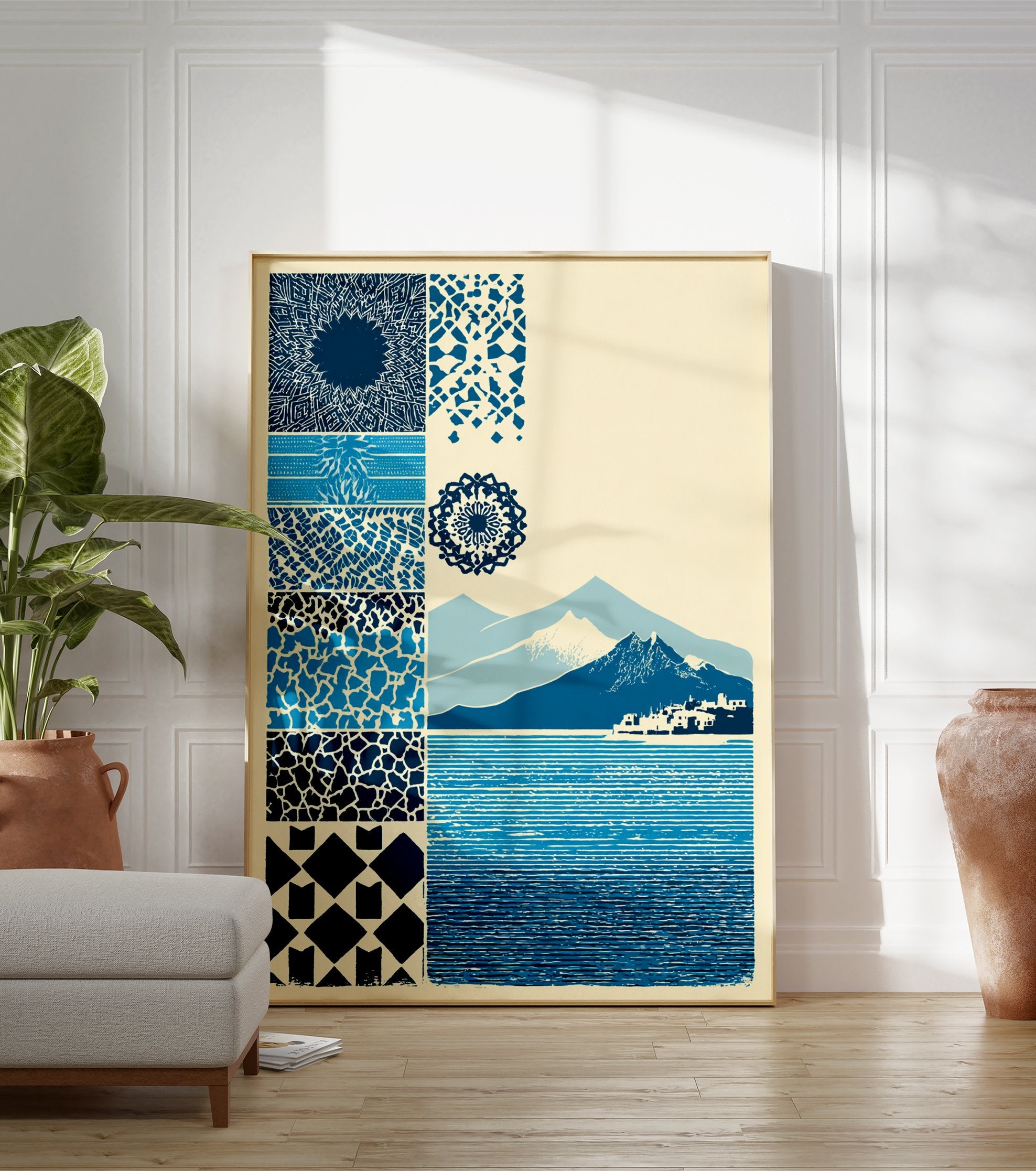 Blue pattern and landscape poster featuring various abstract designs, mandala, mountains, a town, and a textured sea. - Image 3