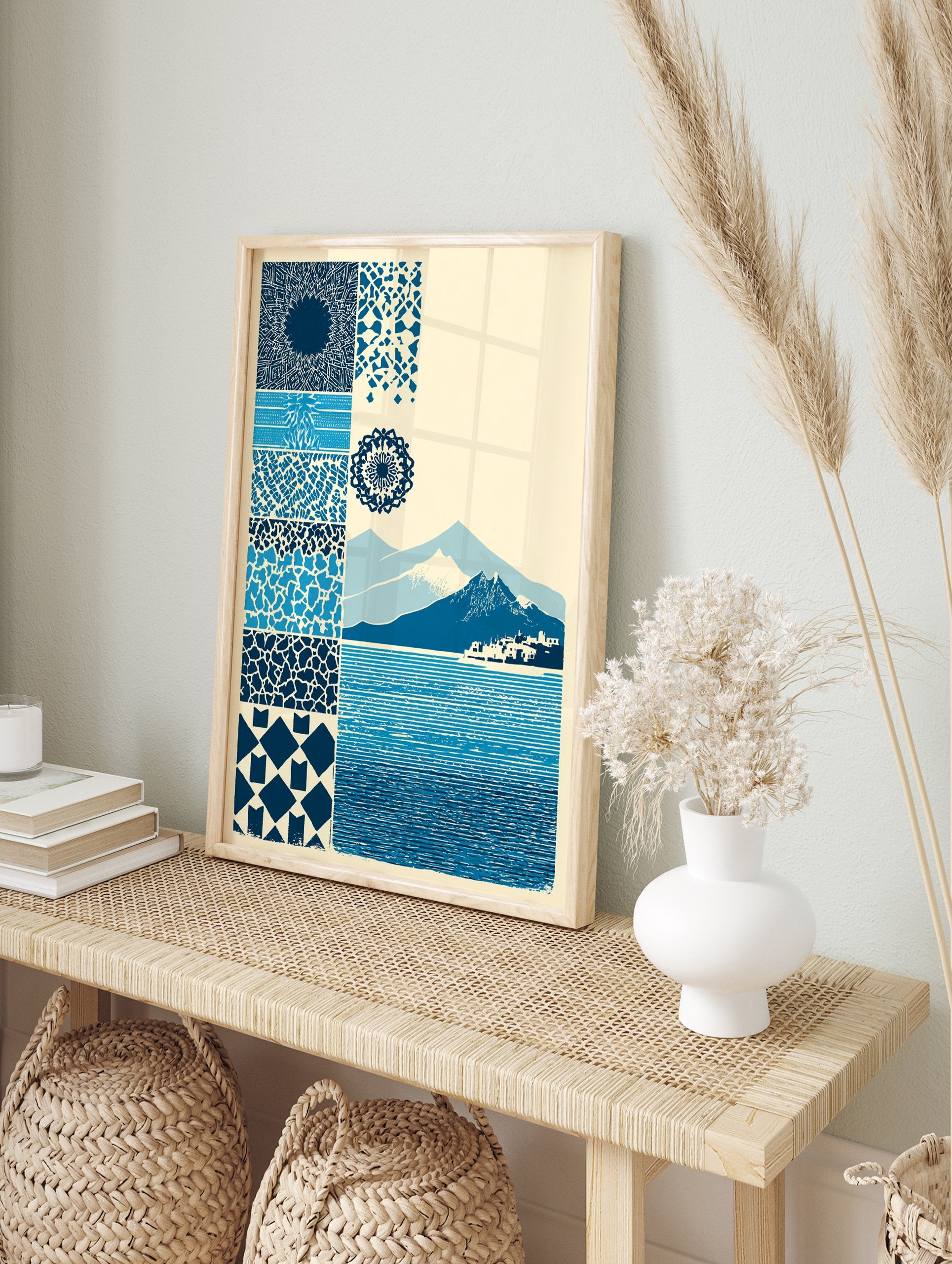 Blue pattern and landscape poster featuring various abstract designs, mandala, mountains, a town, and a textured sea. - Image 4