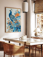 Blue peacock and orange and blue floral illustration poster with gold accents on a light blue background. - Image 2