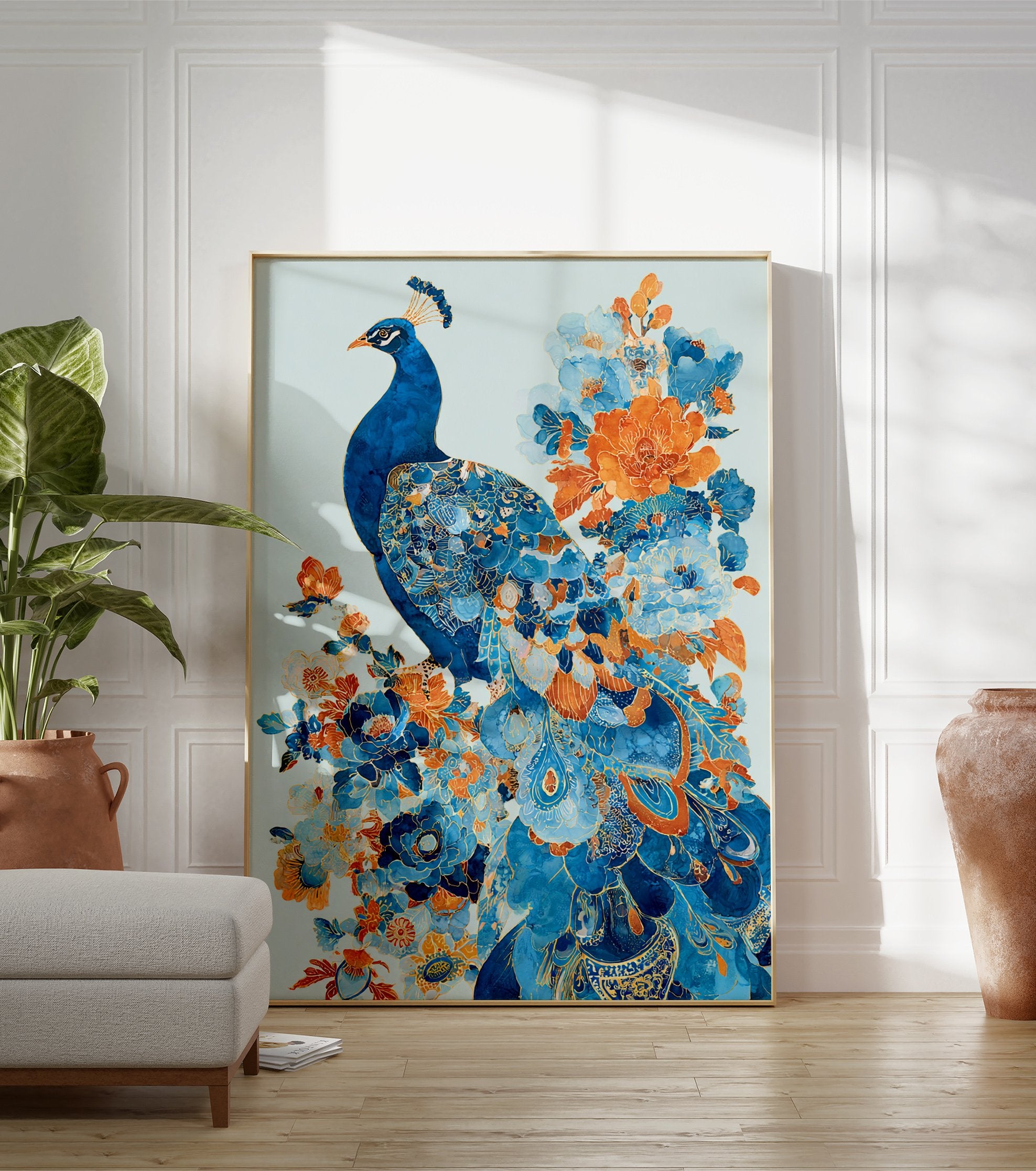 Blue peacock and orange and blue floral illustration poster with gold accents on a light blue background. - Image 3