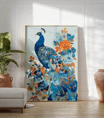 Blue peacock and orange and blue floral illustration poster with gold accents on a light blue background. - Image 3