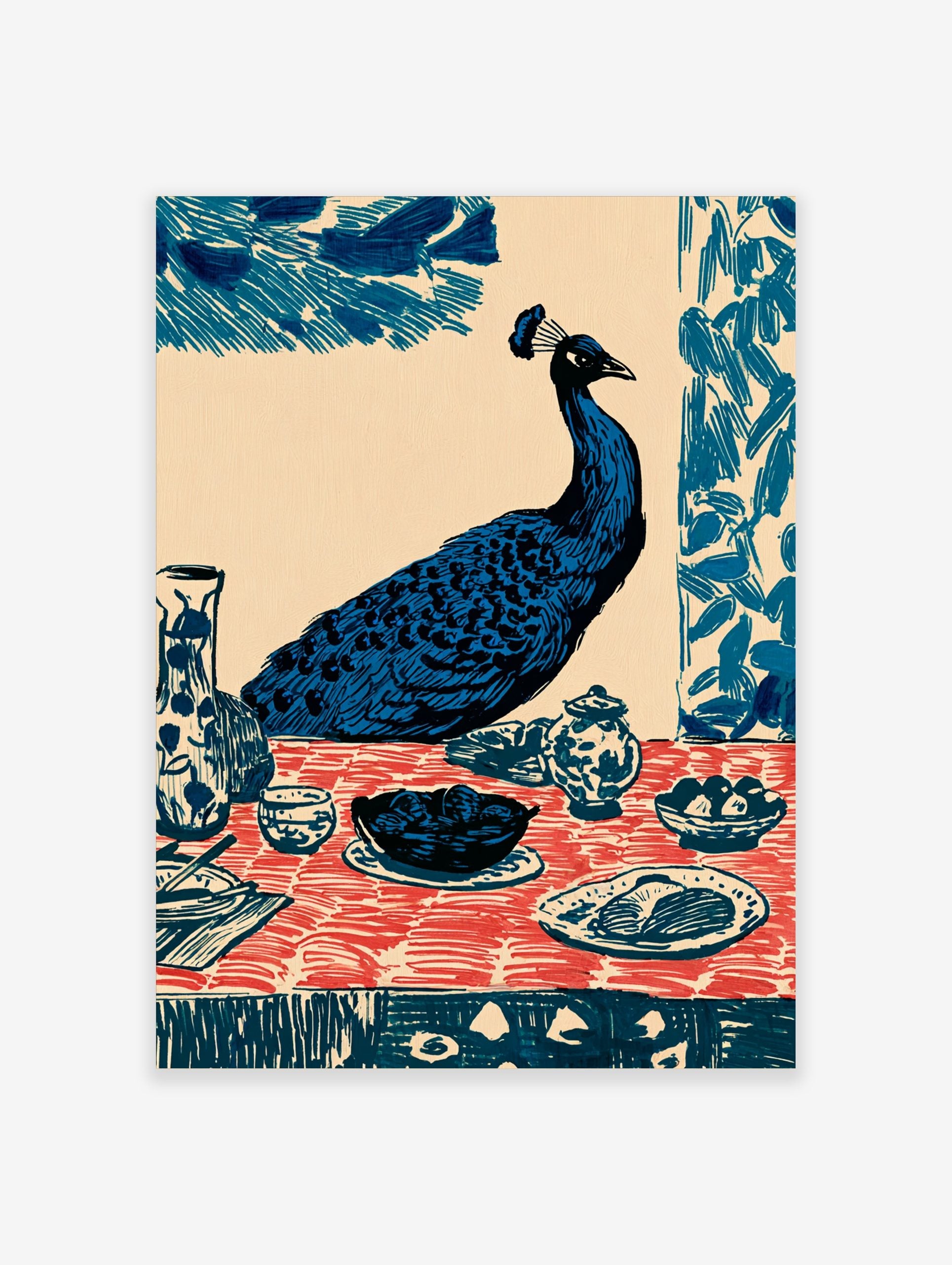Illustrative blue peacock seated at a dining table with red patterned tablecloth and ceramic dishes art print