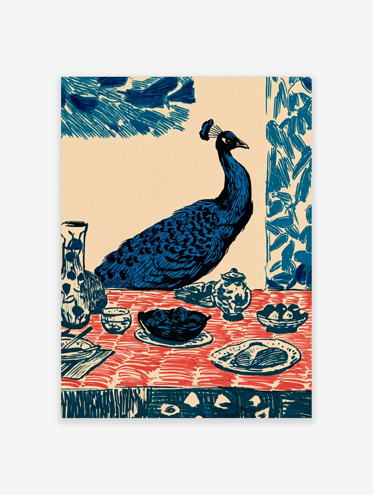 Illustrative blue peacock seated at a dining table with red patterned tablecloth and ceramic dishes art print