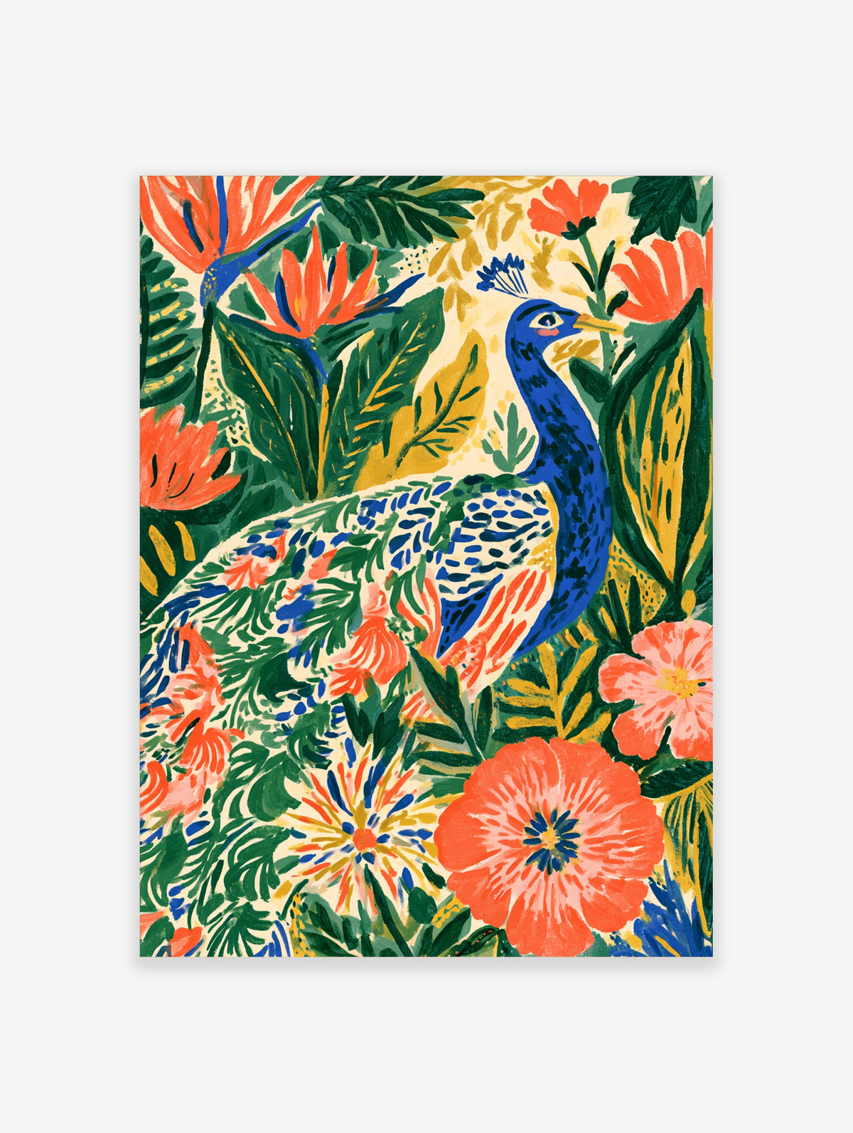 Blue peacock surrounded by orange flowers and green jungle leaves in a colourful painted poster