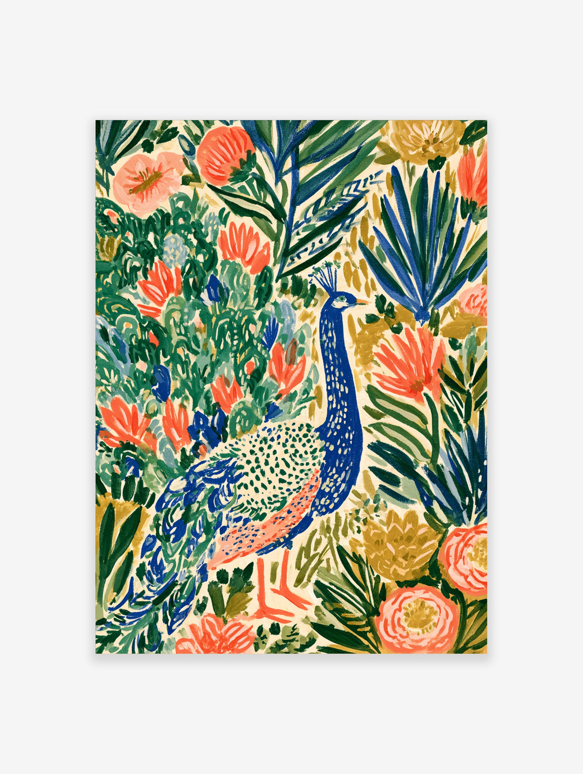Blue peacock poster with coral flowers and green jungle leaves, colourful bird wall art