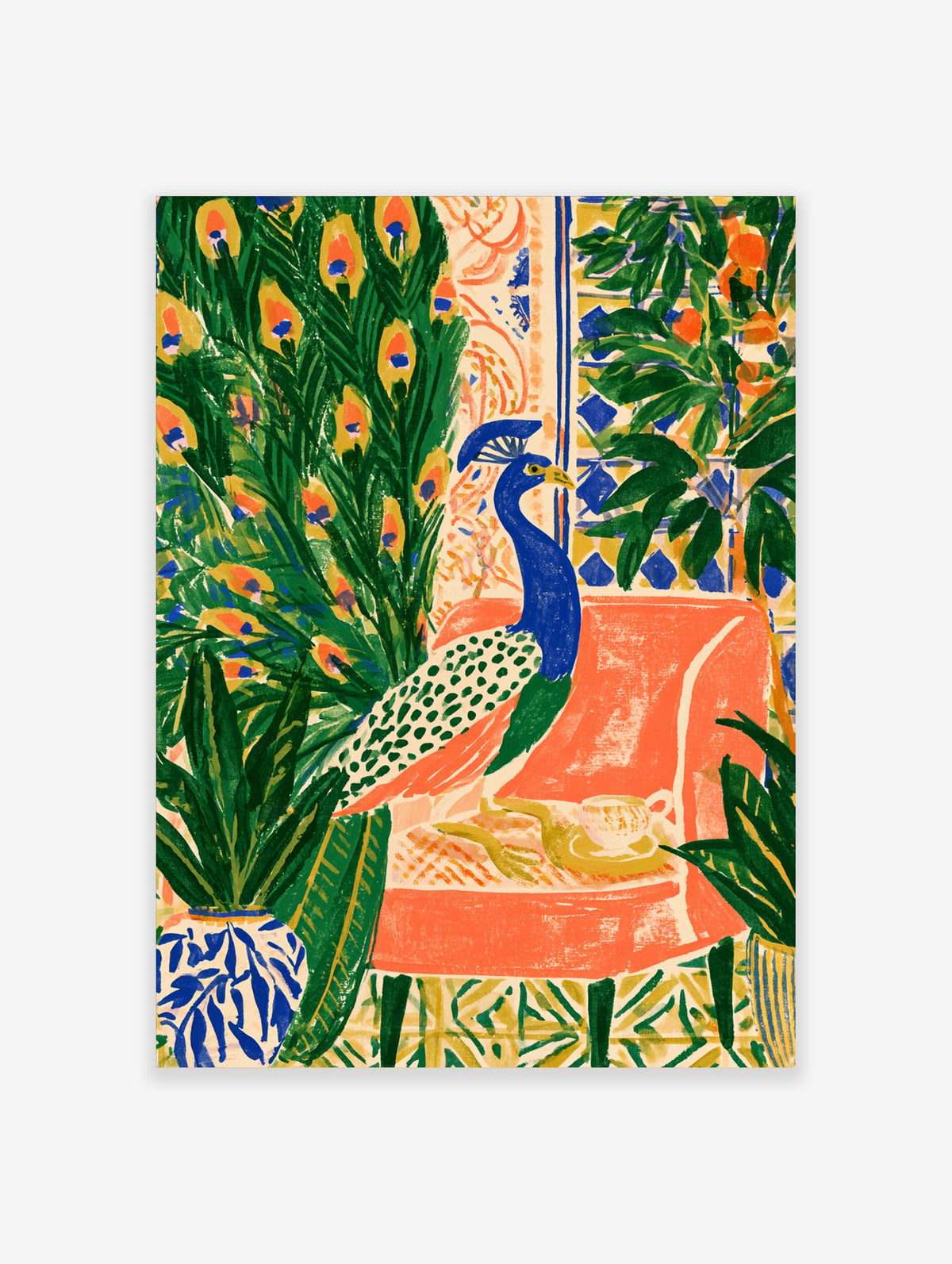 Blue peacock standing beside a coral chair and teacup with green palm leaves and orange blooms