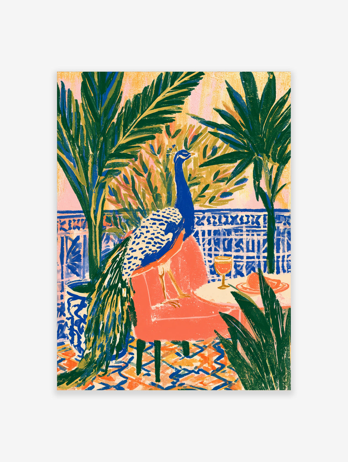 Blue peacock standing on coral chair with cocktail glass and palm leaves on balcony art print