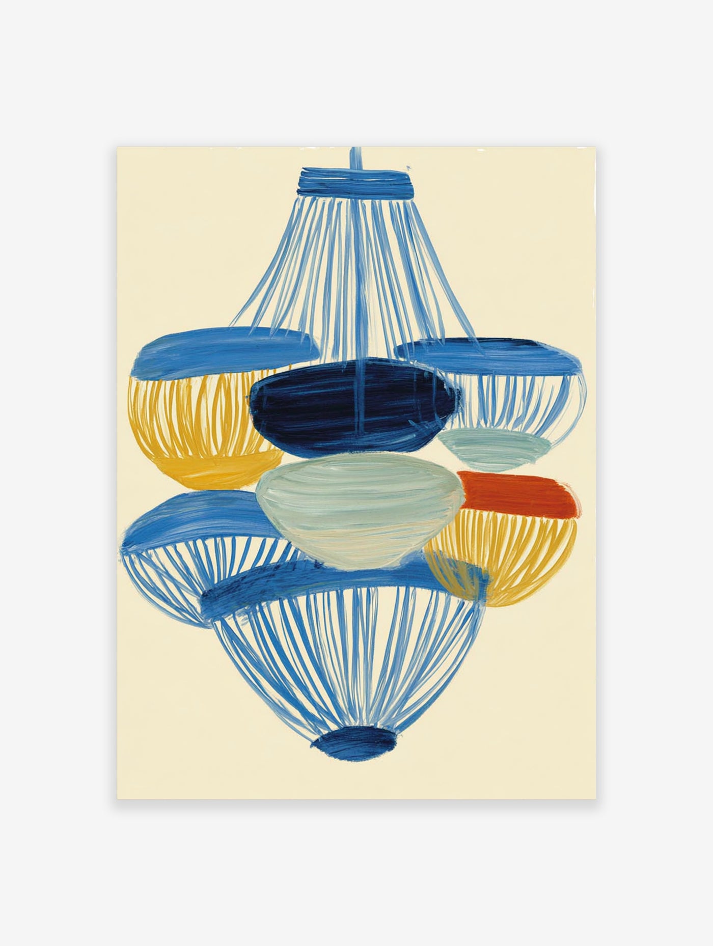 Abstract pendant lamp wall art with blue, yellow, and red shades on cream background