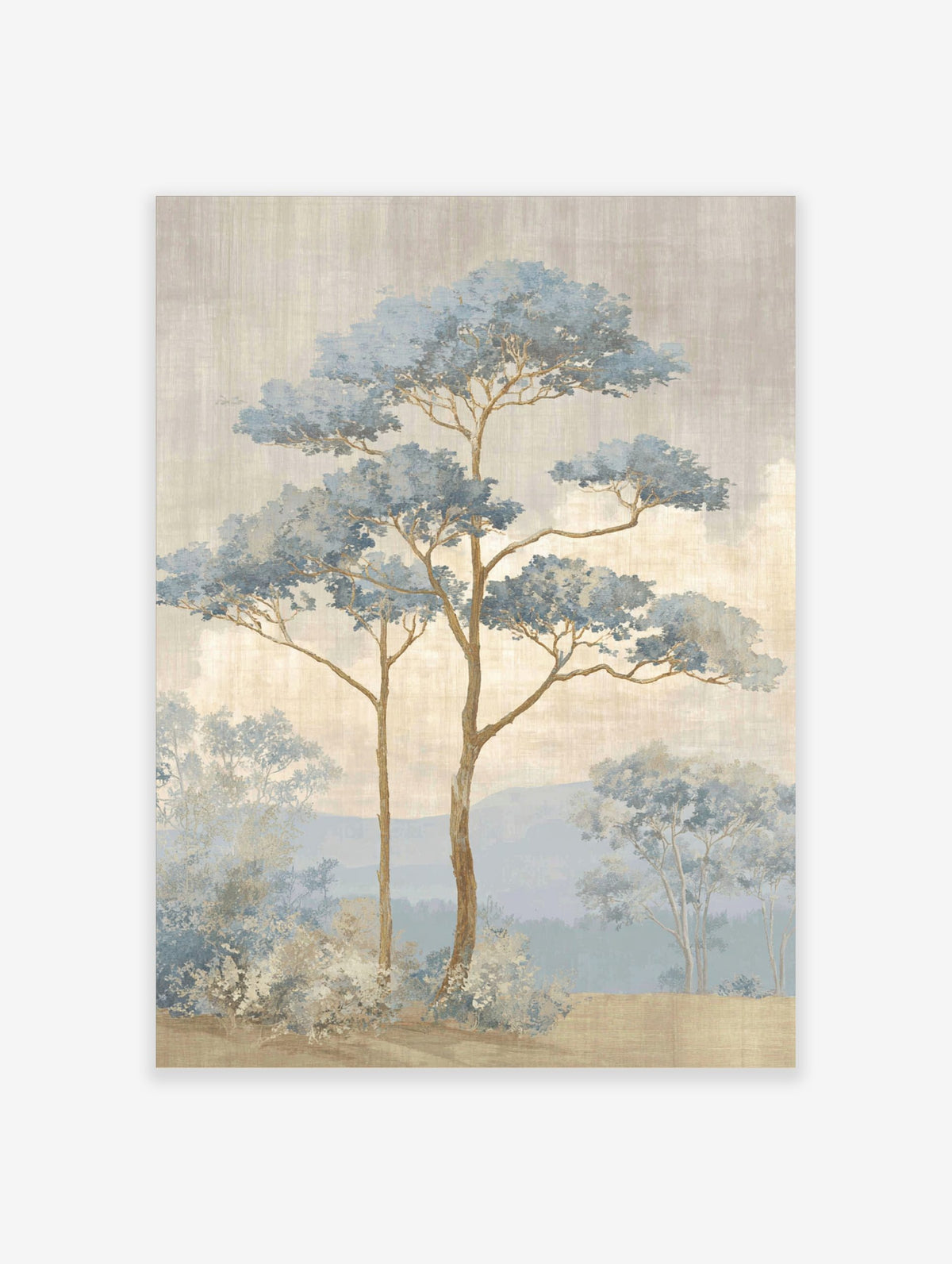 Illustrative blue pine trees in a misty landscape with mountains and textured sky