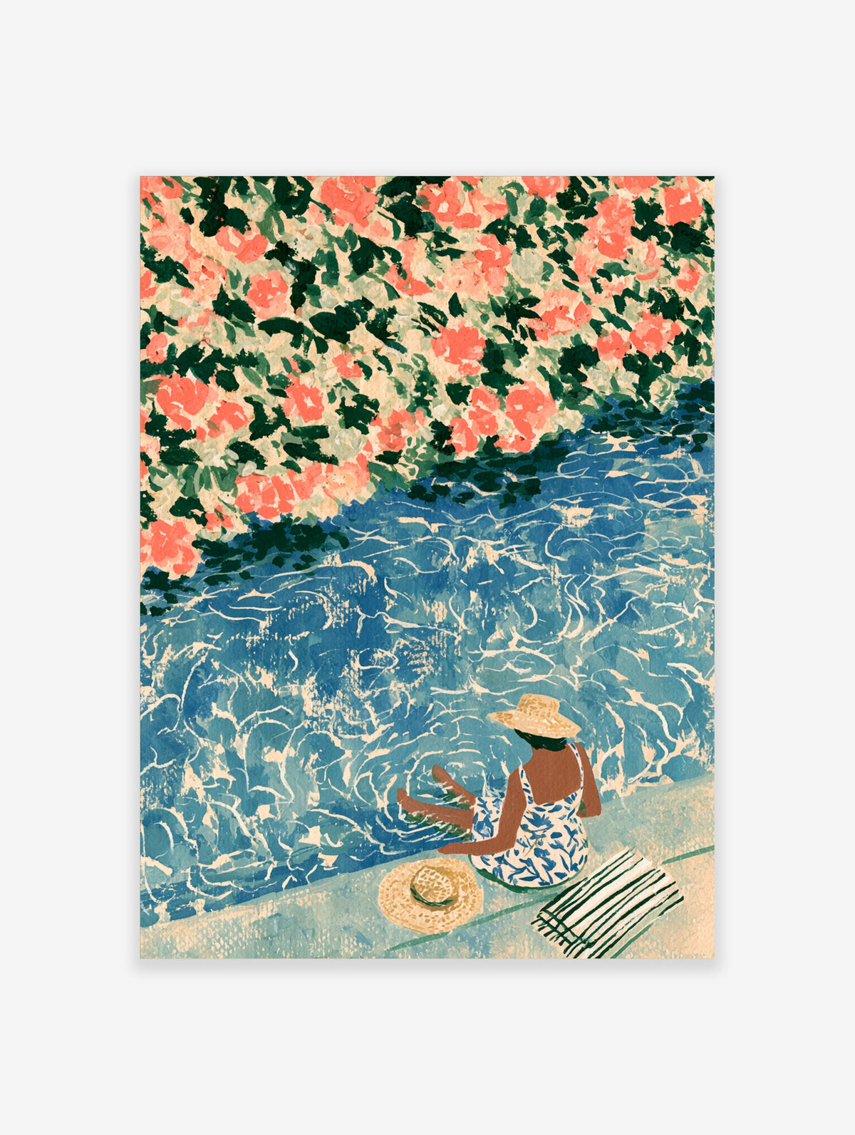 Blue pool art print with a swimmer in a straw hat, pink flowers, and green leaves