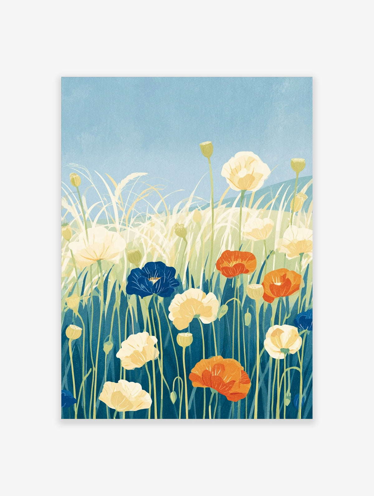 Blue poppy field art print with cream, orange, and navy flowers on tall stems against a blue sky