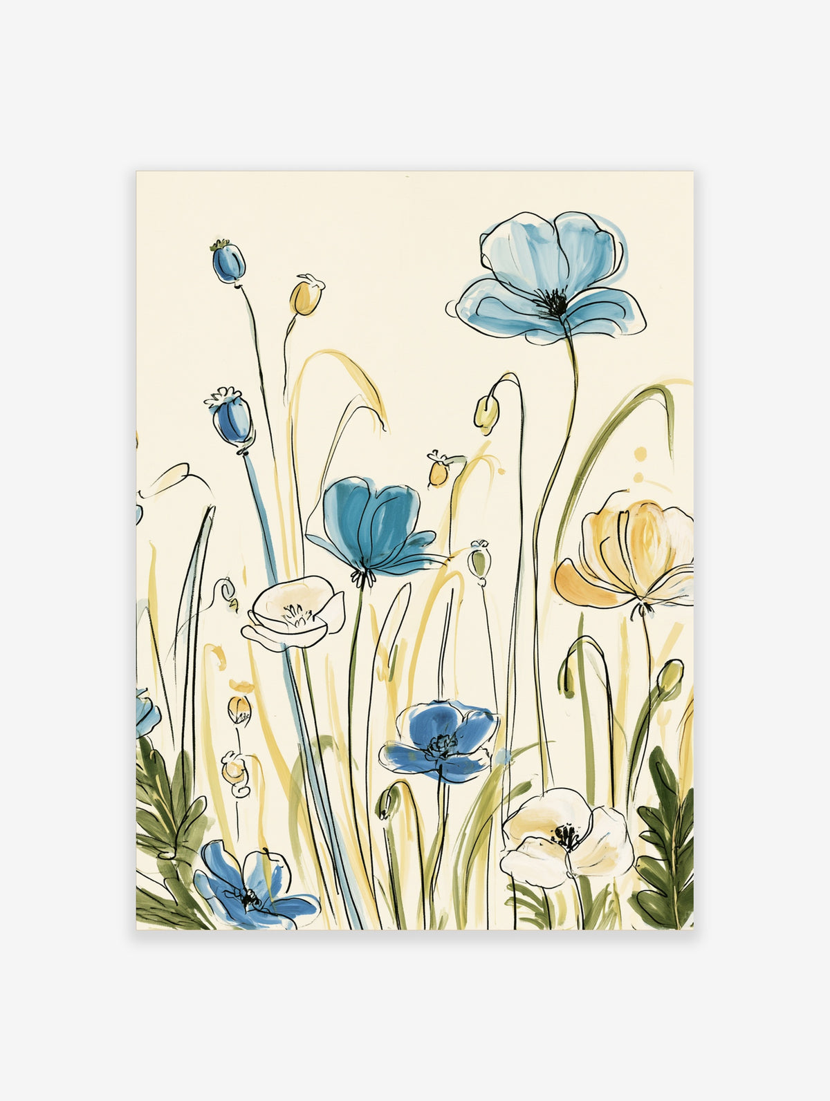 Blue poppy flower botanical illustration art print with yellow buds and green stems on cream background