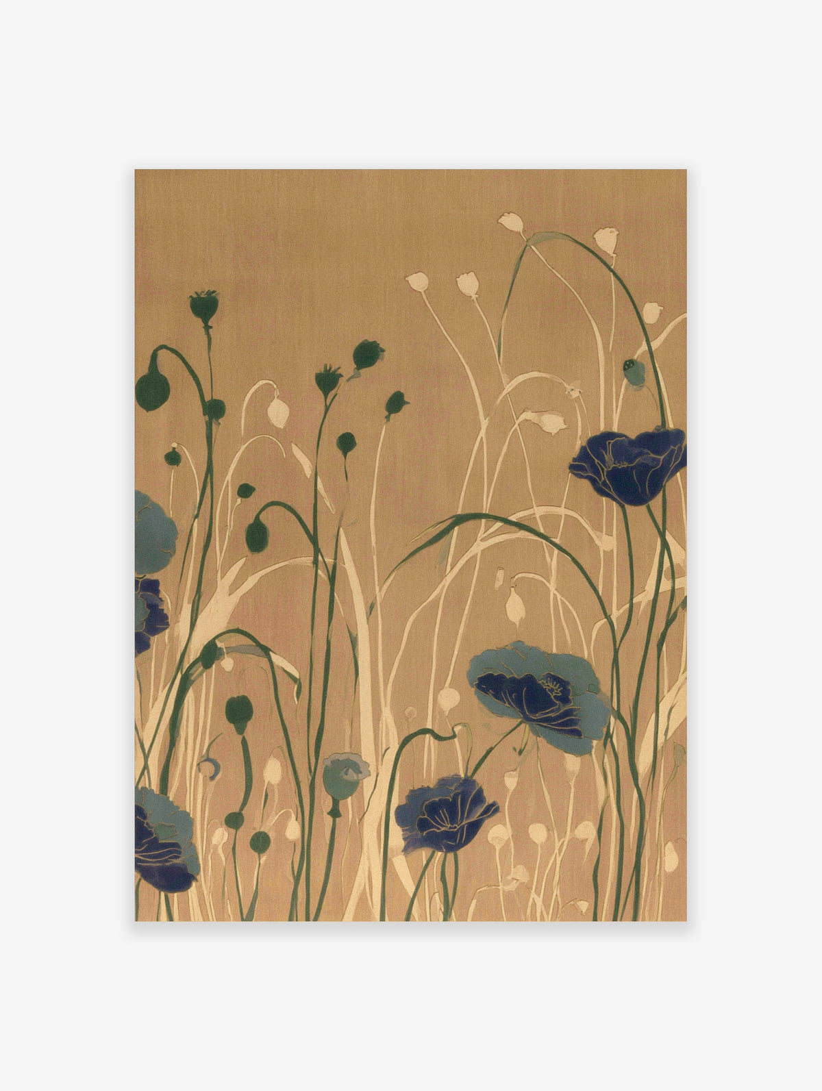 Blue poppy flower botanical illustration with tall stems and seed pods on beige background