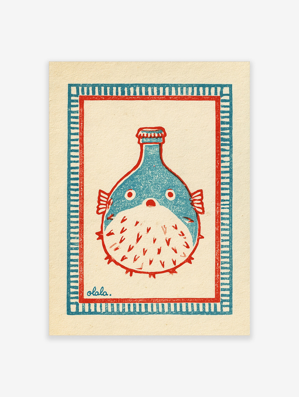 Blue pufferfish poster with red fins inside a bottle shape, red and blue striped border on cream background