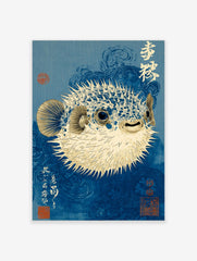 Blue pufferfish art print in Japanese woodblock style, with white spikes and deep blue swirling waves