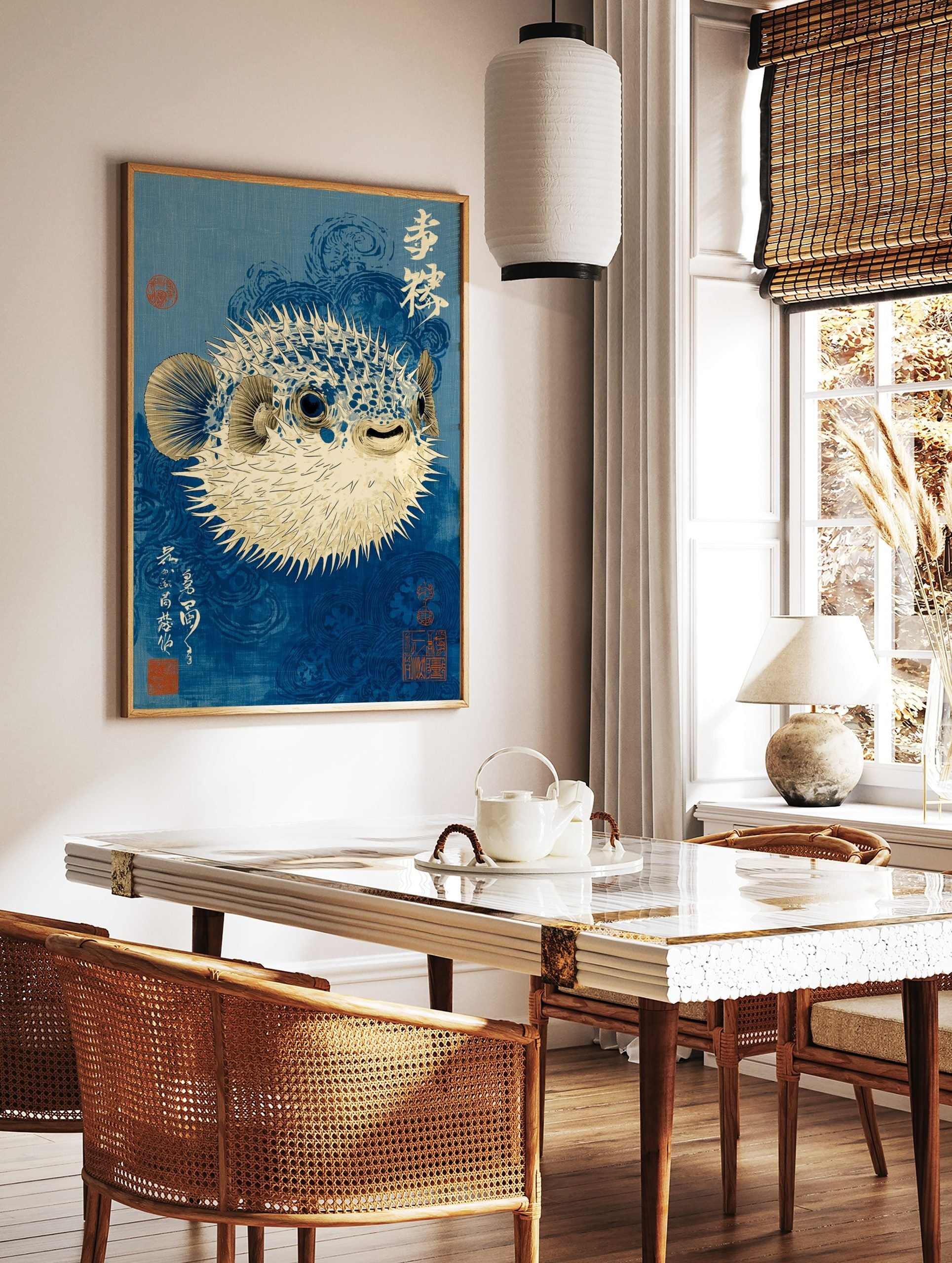Blue pufferfish art print in Japanese woodblock style, with white spikes and deep blue swirling, in a styled room mockup