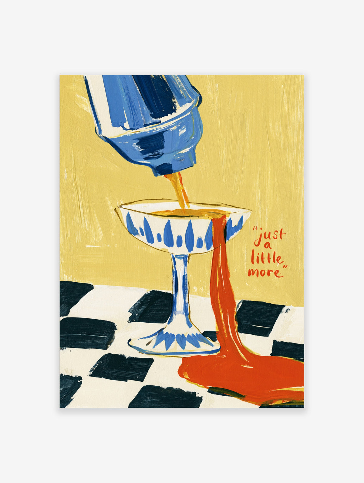 Blue dispenser pouring orange sauce over a patterned dish on a check table, retro poster with red text