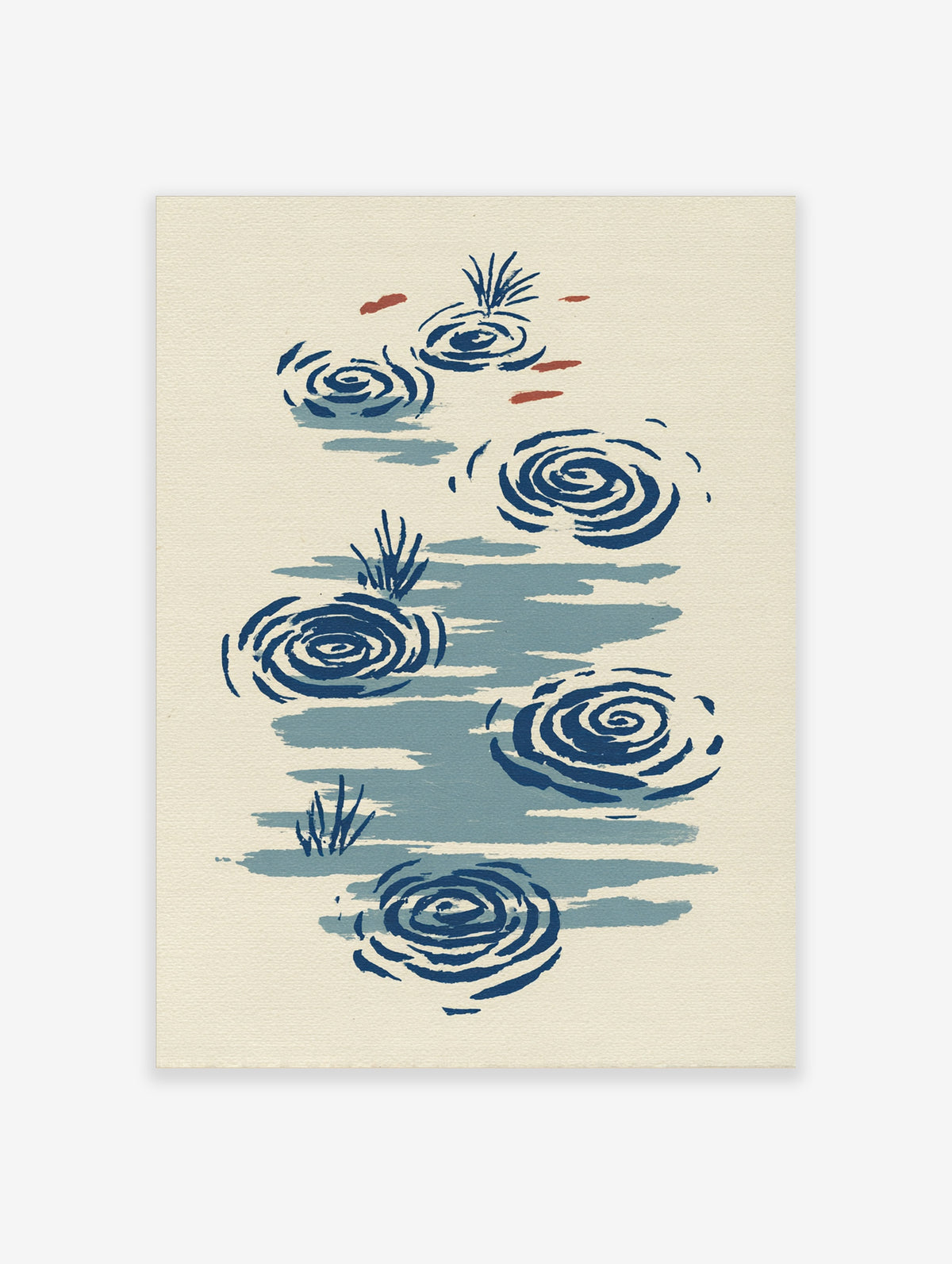 Blue ripples wall art with concentric circles, grass tufts, and red accents on cream background