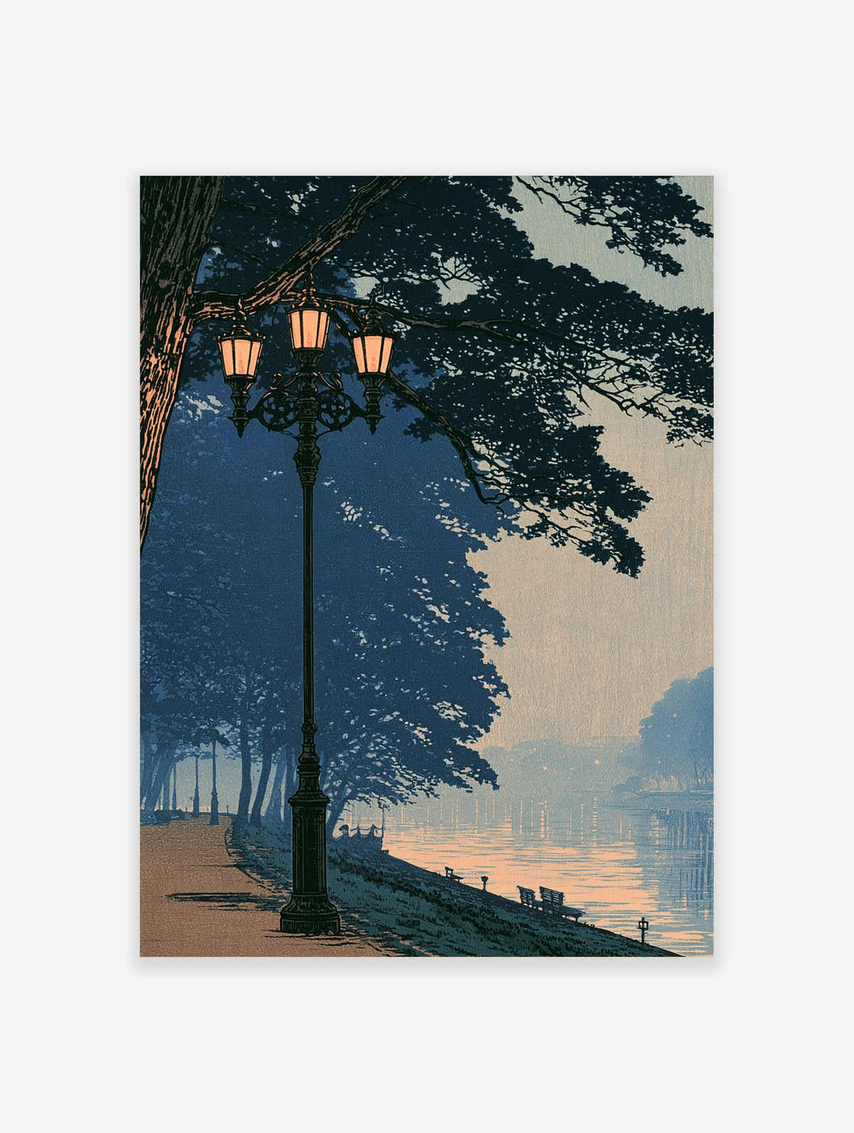 Blue river evening poster with vintage lamp post, lit lanterns, silhouetted trees and peach sunset reflections on water