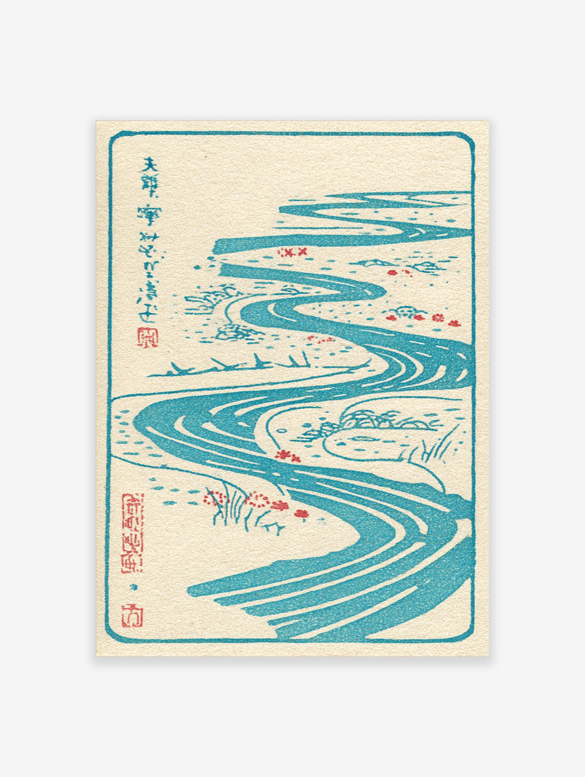 Blue river woodblock print with winding stream, red blossoms, and kanji calligraphy on cream background