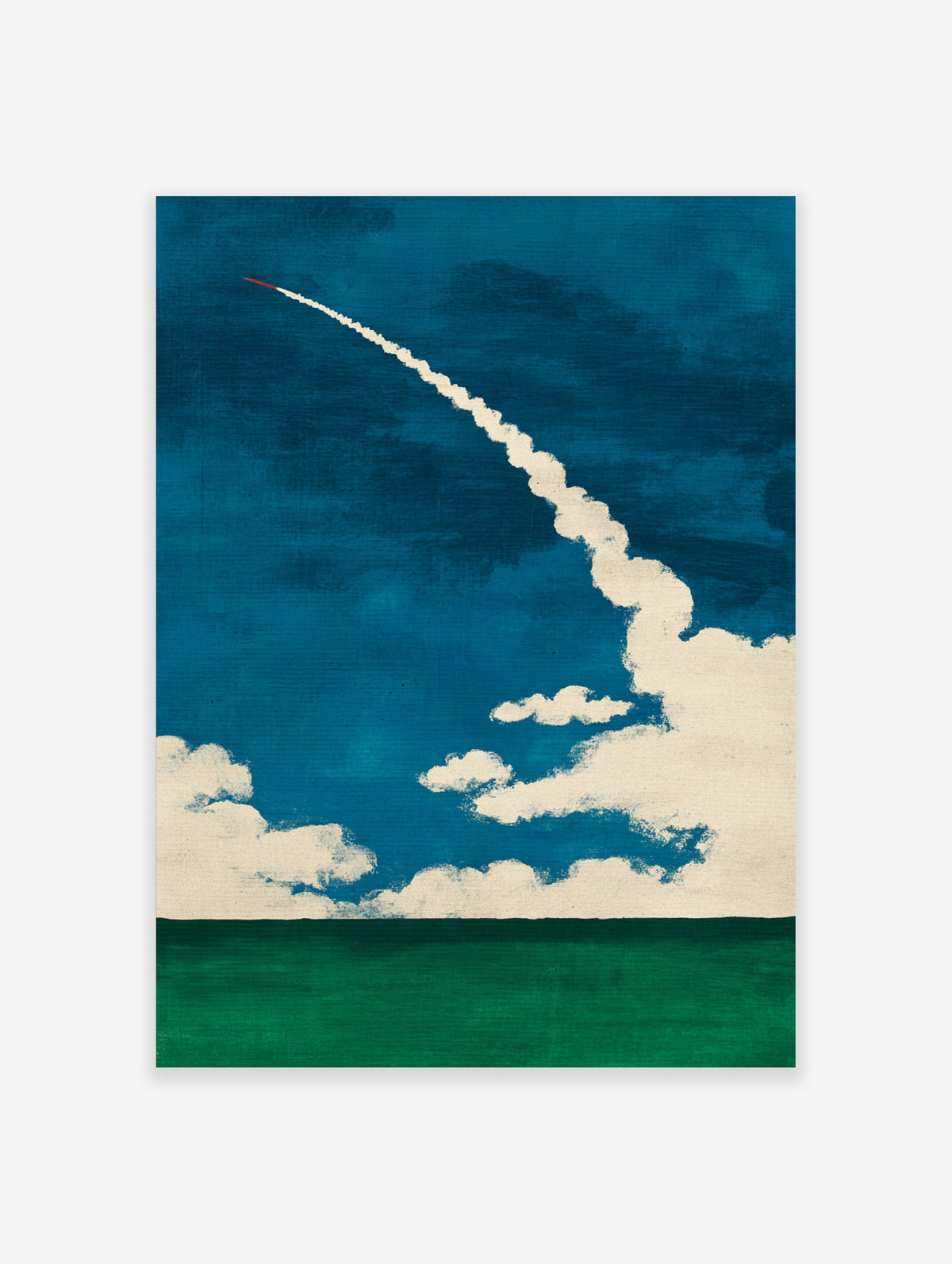 Rocket launch poster with white exhaust plume and clouds on deep blue sky above green ground