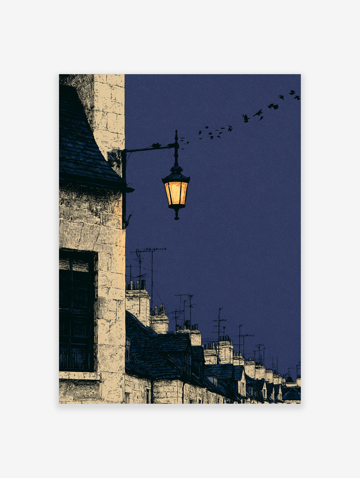 Blue rooftop poster with illuminated lantern, stone chimney stacks, and birds in a deep indigo night sky
