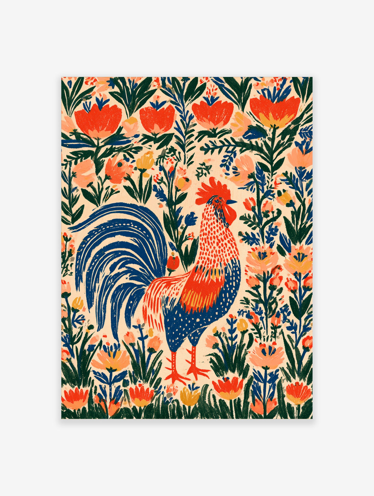 Blue rooster folk art print with red and orange flowers on cream background