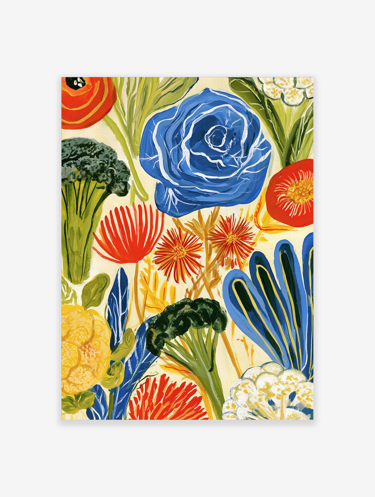 Blue rose and broccoli botanical art print with red flowers on cream background