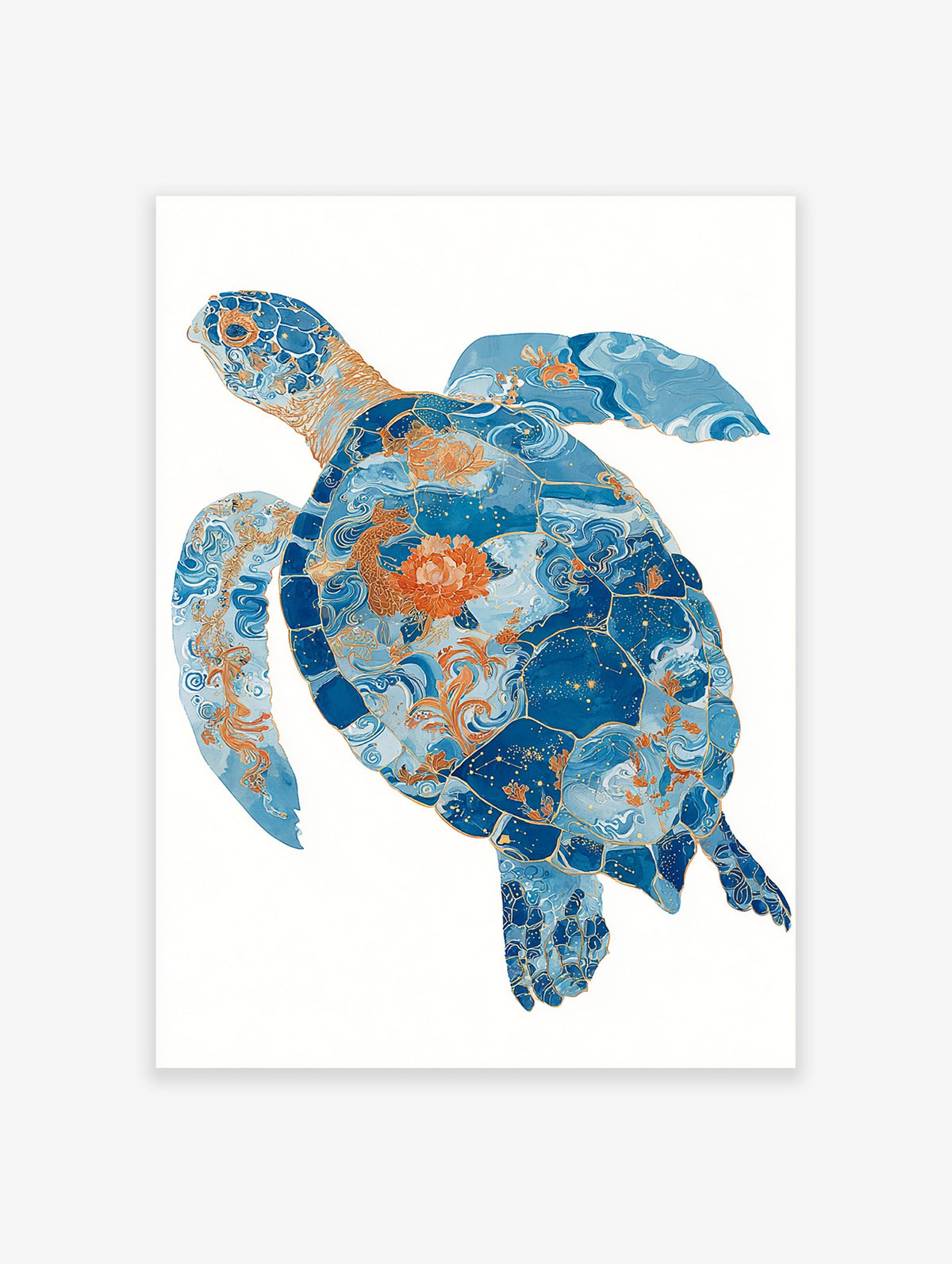 Blue sea turtle poster with intricate orange patterns, waves, fish, and constellations on a white background.