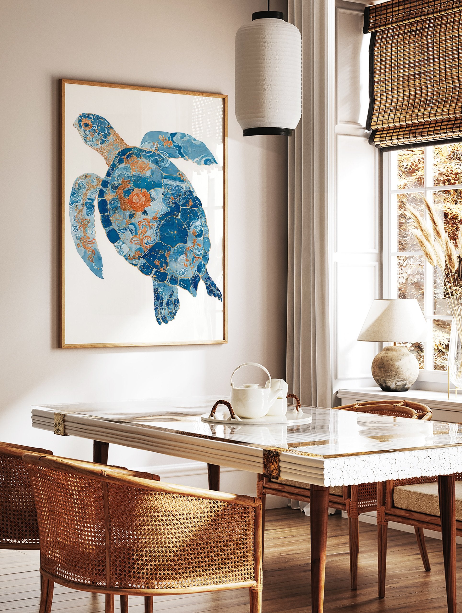 Blue sea turtle poster with intricate orange patterns, waves, fish, and constellations on a white background. - Image 2