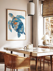 Blue sea turtle poster with intricate orange patterns, waves, fish, and constellations on a white background. - Image 2