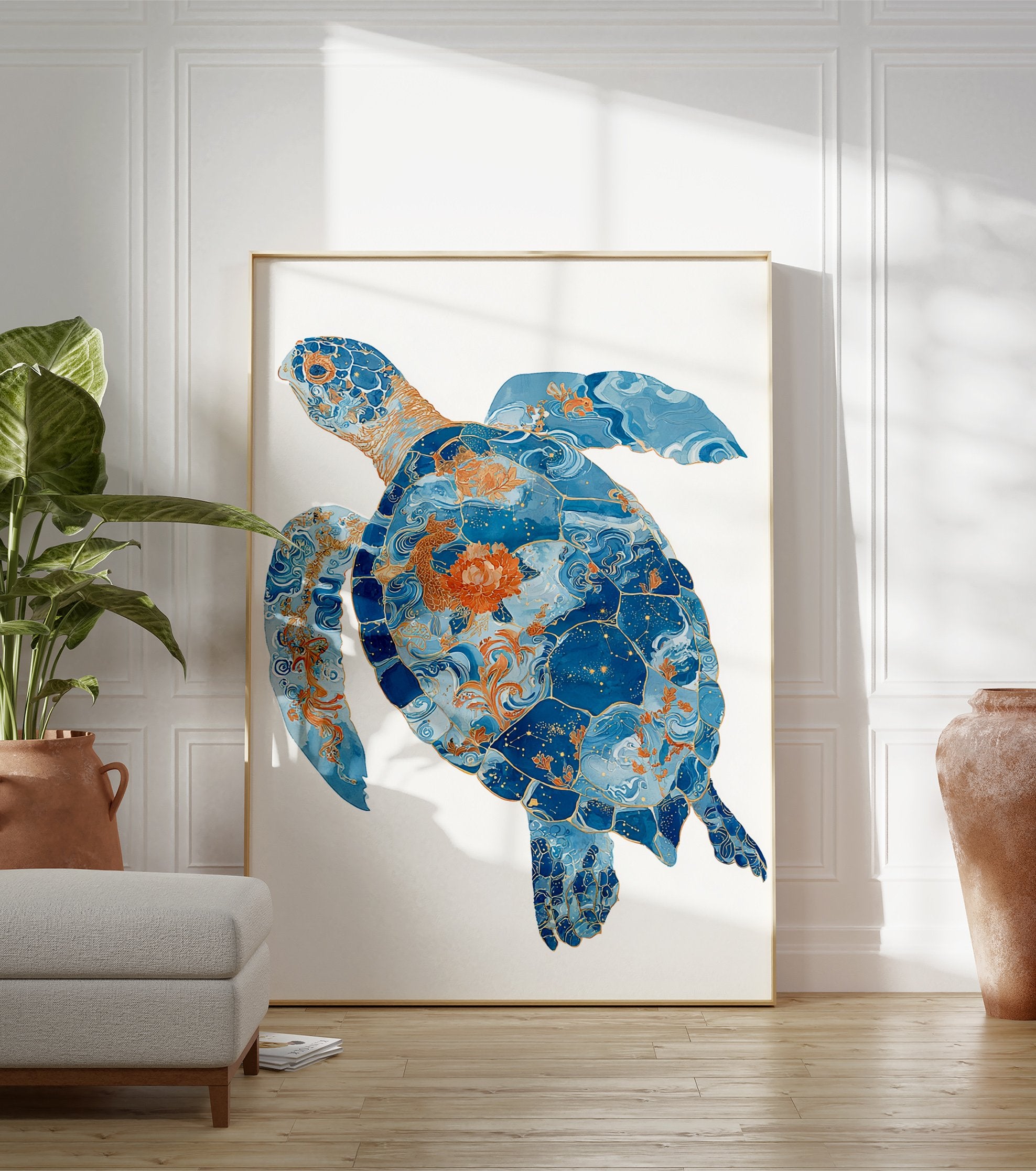Blue sea turtle poster with intricate orange patterns, waves, fish, and constellations on a white background. - Image 3