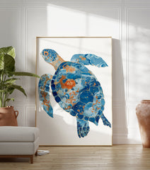 Blue sea turtle poster with intricate orange patterns, waves, fish, and constellations on a white background. - Image 3