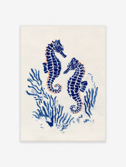 Two blue seahorses with orange outlines, surrounded by blue coral on a white background, in an illustrative print