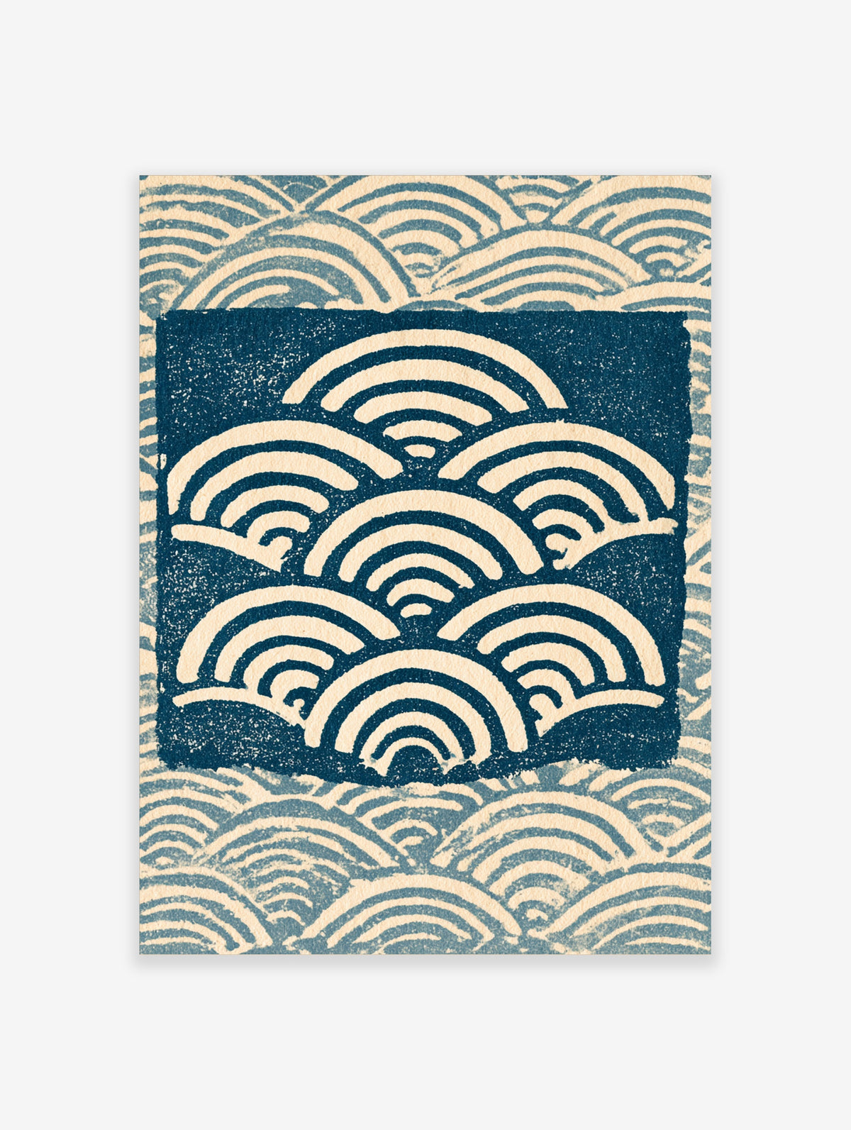 Blue and cream Japanese seigaiha wave pattern poster with central square motif and repeating arches