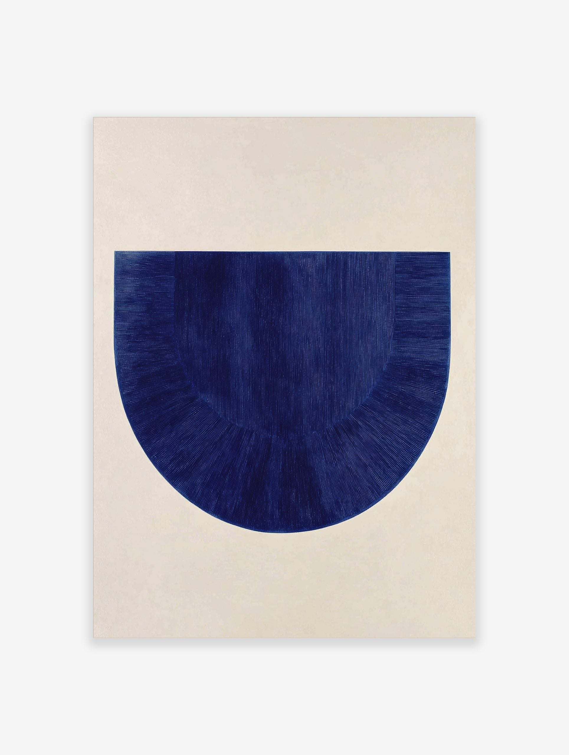 Textured deep blue semi-circle abstract art print with vertical and radiating lines on a light background