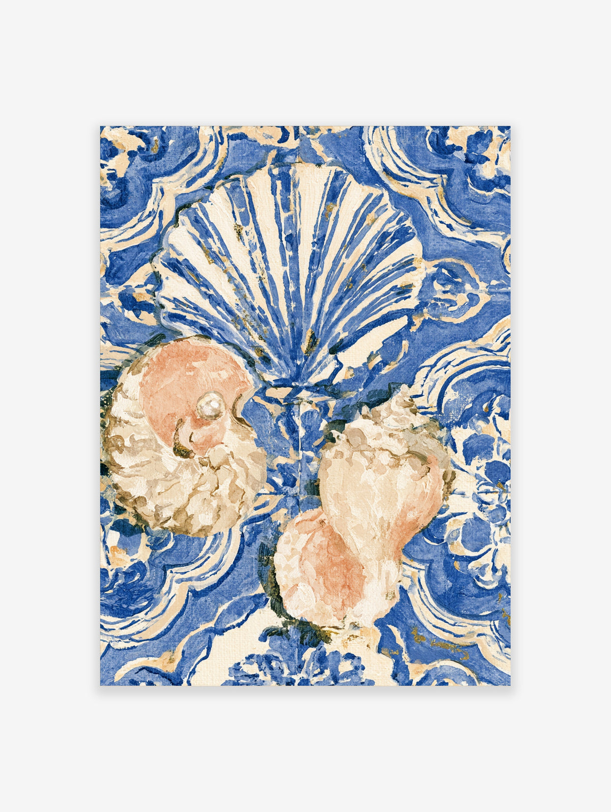 Blue and cream seashell art print with fan shell, pearl spiral shell, and conch on ornate blue background
