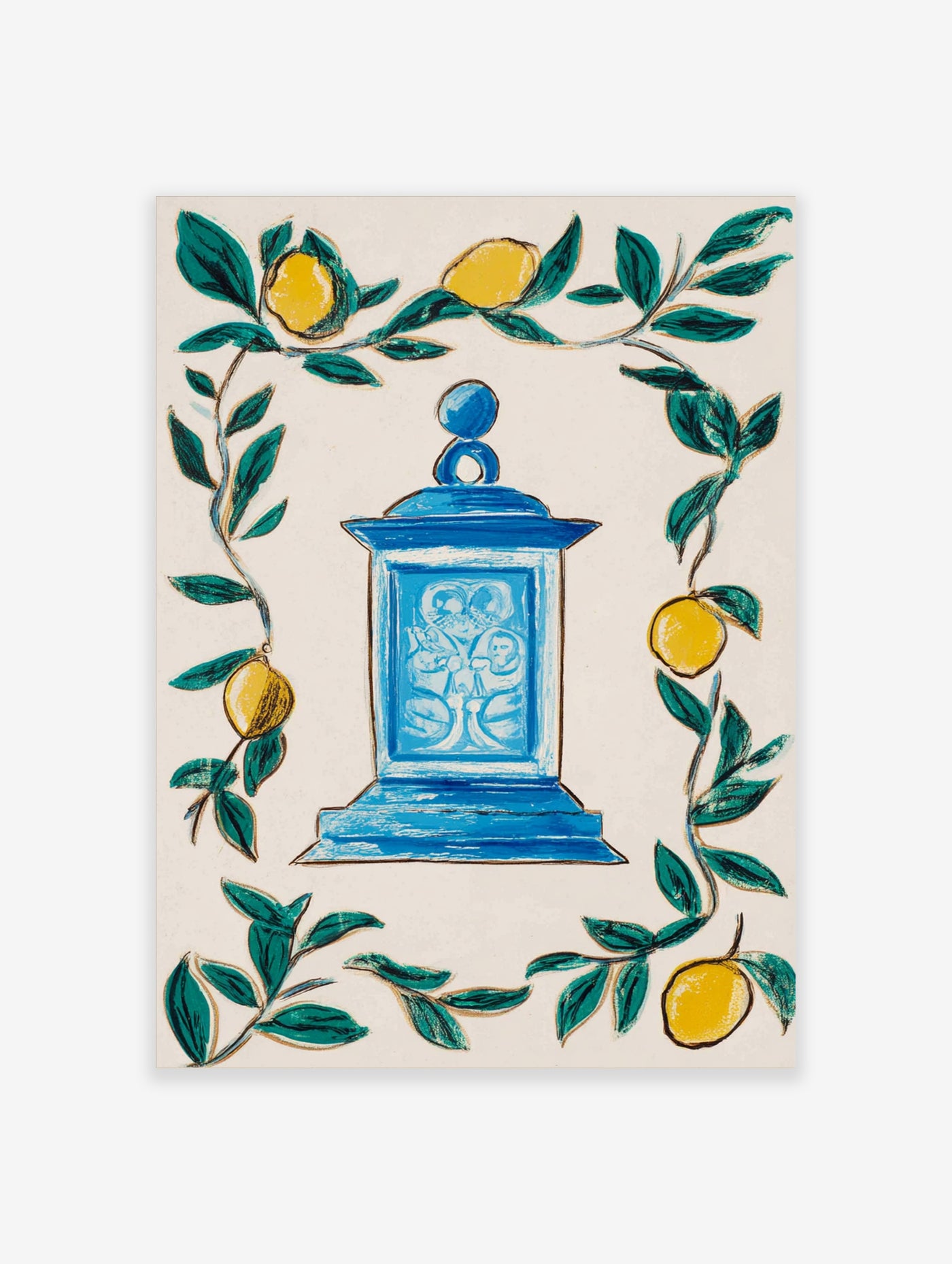 Blue shrine with religious scene surrounded by lemon branches and yellow lemons, illustrative art print