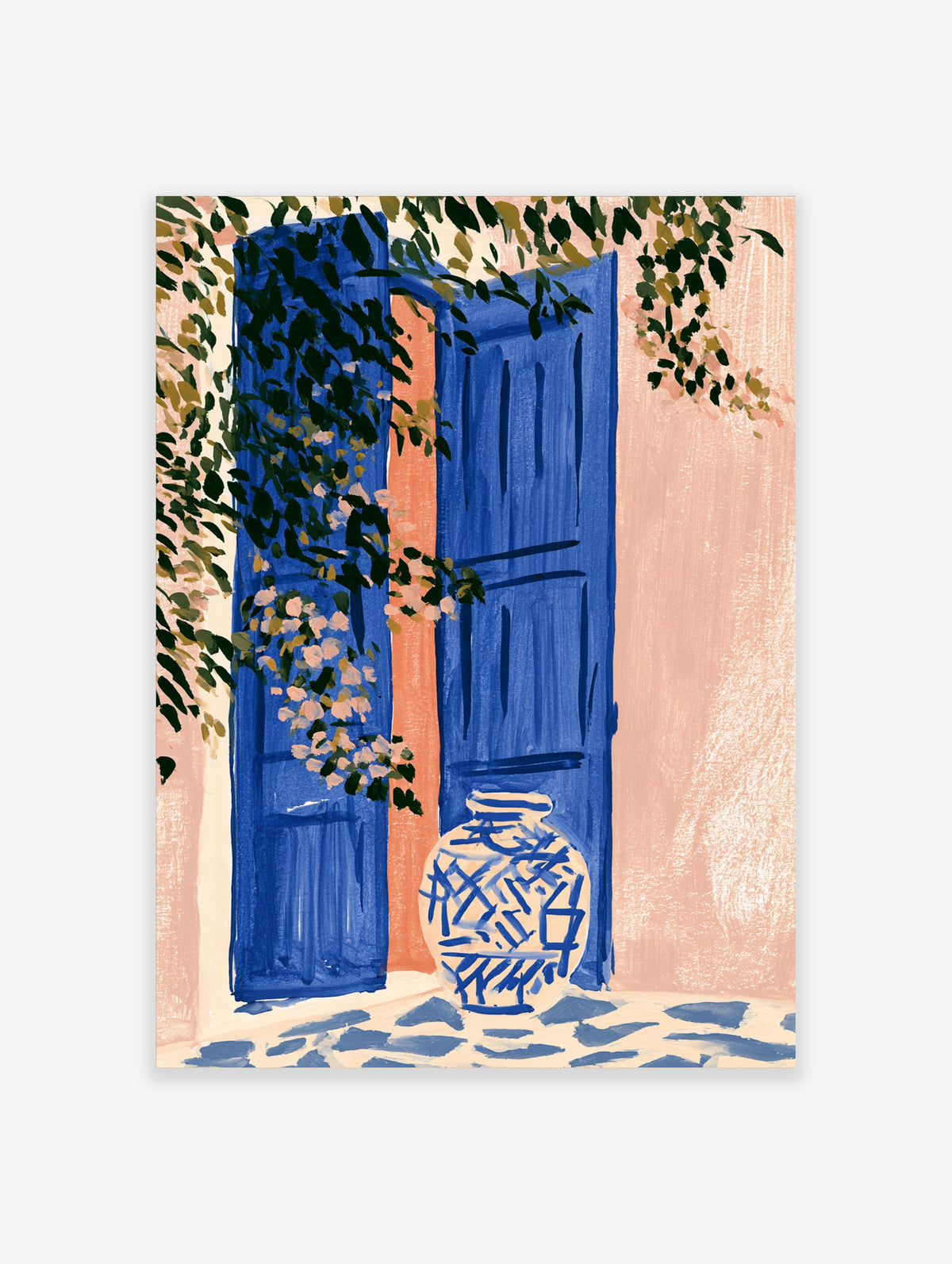Blue shutters with climbing vines and a patterned vase on a tiled floor against a peach wall